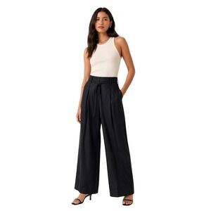 Nine West NEW Women 12 Black High Rise Pleated Tie Waist Trousers Wide Leg Pants